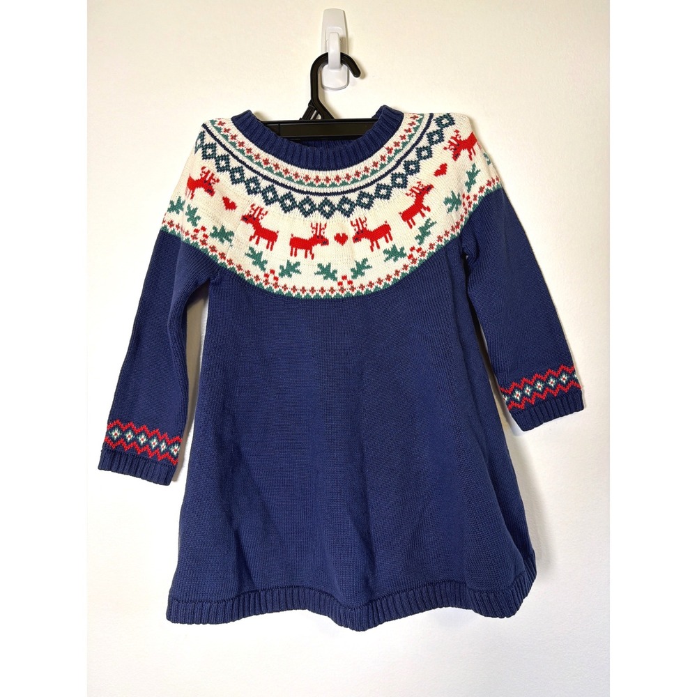 Hanna Andersson Kids Fair Isle Reindeer Holiday Sweater Dress Navy 100cm US 4